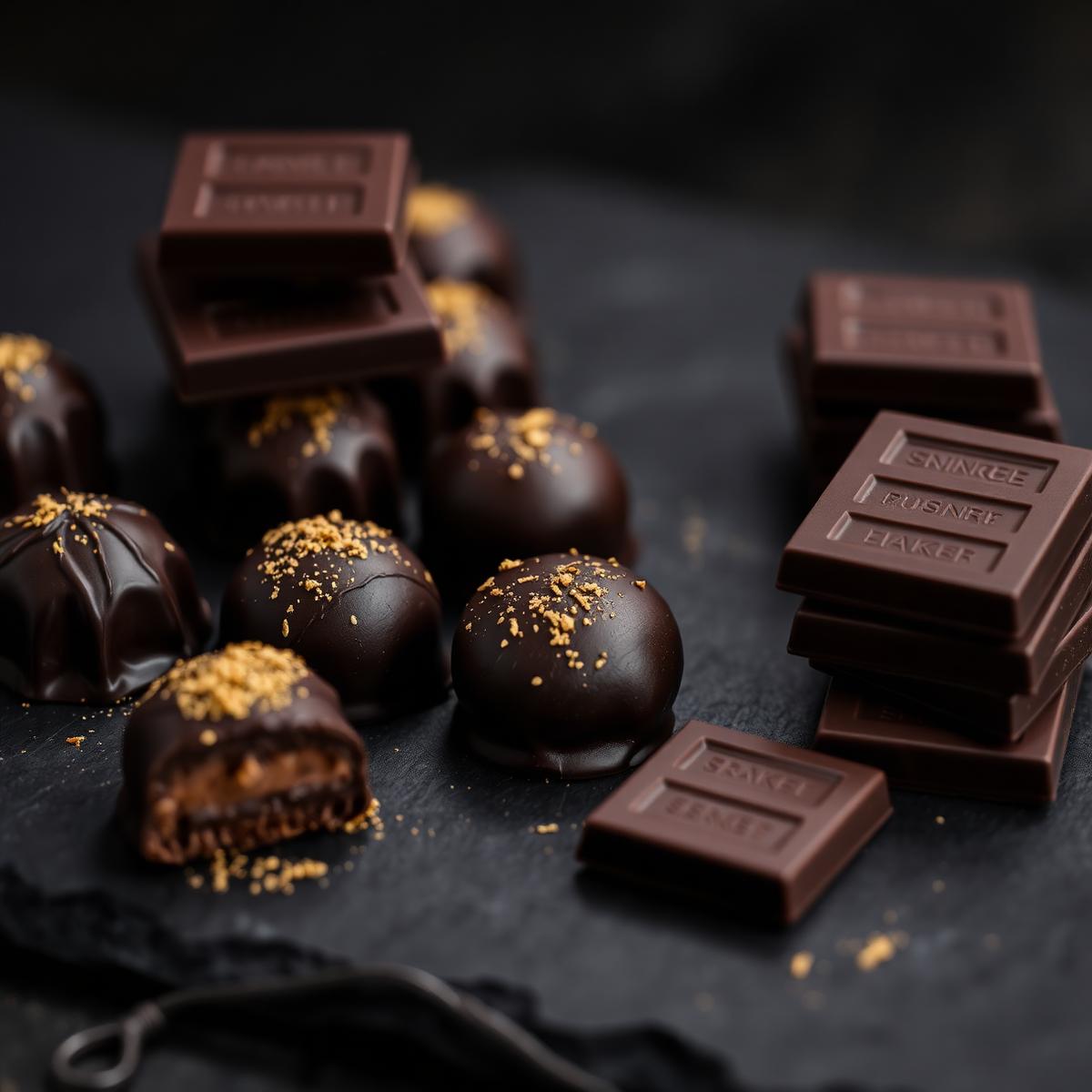 Close-up of premium dark chocolate pralines dusted with gold