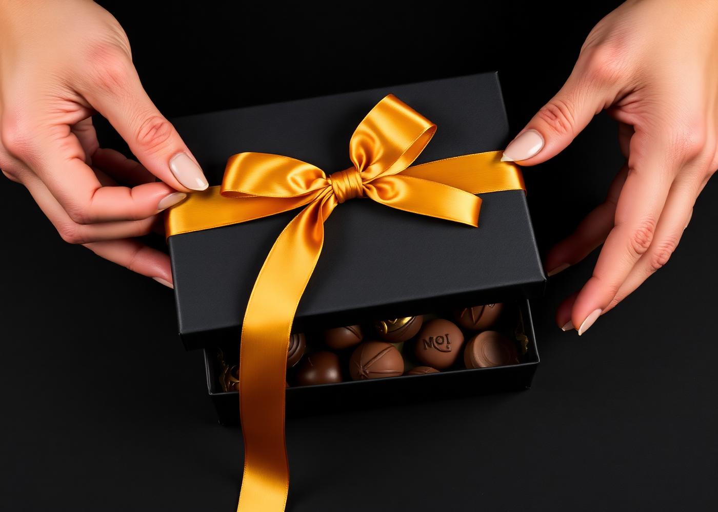 Hands tying a gold ribbon on a Precision Candy gift box